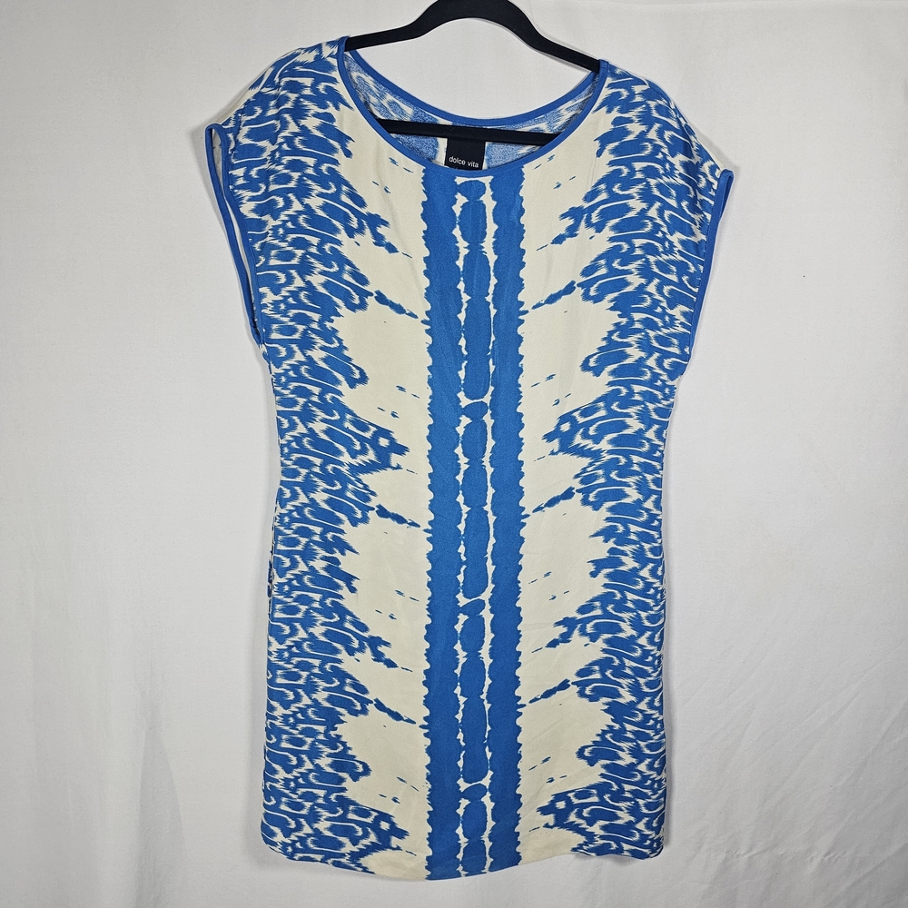 Dolce Vita Dress Womens Size Small 100% Silk Blue and Cream‎ Shift